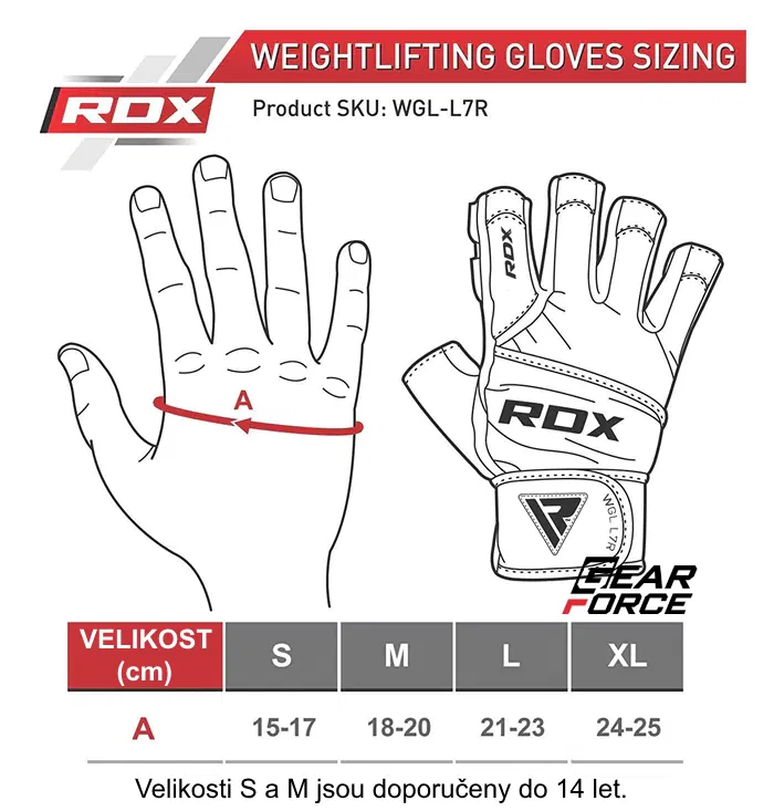 RDX  rukavice Glove Micro Plus černo/červené  tabulka velikostí